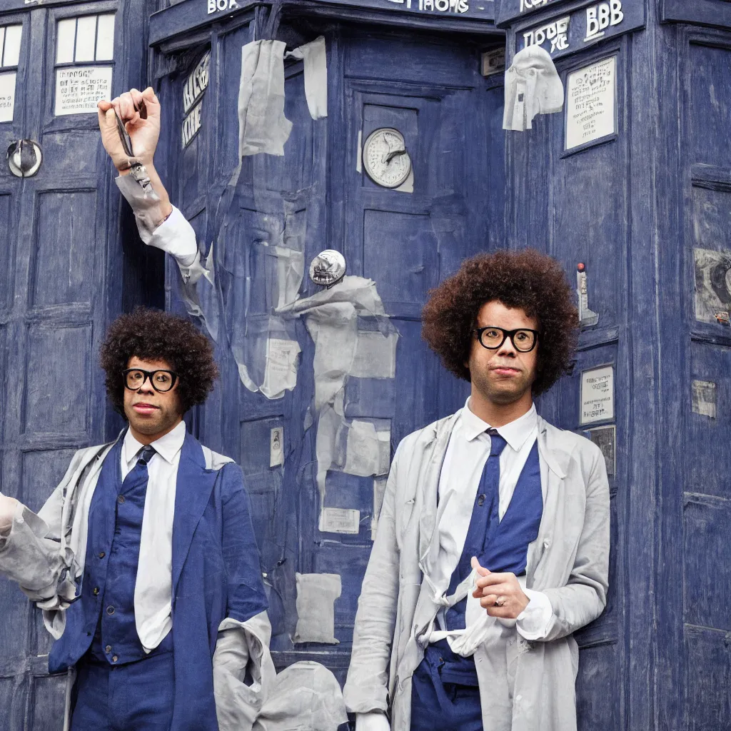 Prompt: A dslr portrait of Richard Ayoade as the Doctor, posing alone in front of Tardis, high quality 35mm film