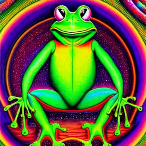 Prompt: an anthropomorphic bipedal frog wearing vibrant robes, illustration by alex grey, d & d character, floating bubbles, concept art, psychedelic, award - winning, extremely detailed, sharp focus, 4 k