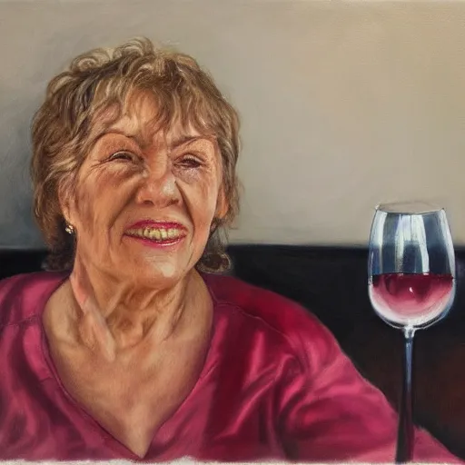 Prompt: a older woman at a party sitting on a wine bottle, hyper-realism, realism, 4k,