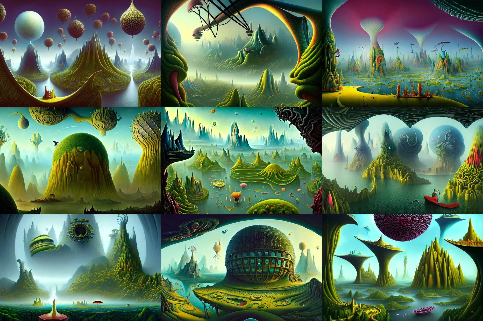 Prompt: a beguiling and insanely detailed matte painting of alien dream worlds with surreal architecture designed by Heironymous Bosch, mega structures inspired by Heironymous Bosch's Garden of Earthly Delights, vast surreal landscape and horizon by Asher Durand and Tyler Edlin and Cyril Rolando, masterpiece!!, grand!, imaginative!!!, whimsical!!, epic scale, intricate details, sense of awe, elite, wonder, insanely complex, masterful composition, sharp focus, fantasy realism, dramatic lighting