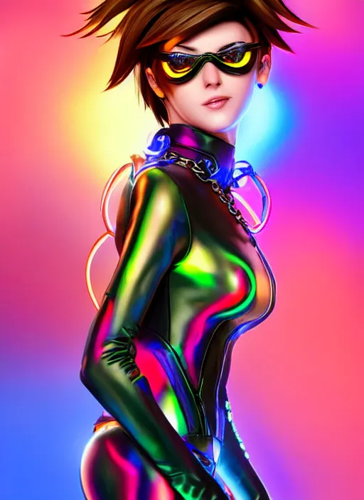 Prompt: portrait bust digital artwork of tracer overwatch, wearing iridescent rainbow latex and leather straps catsuit outfit, neon makeup, in style of mark arian, angel wings, wearing detailed leather collar, chains, black leather harness, detailed face and eyes,