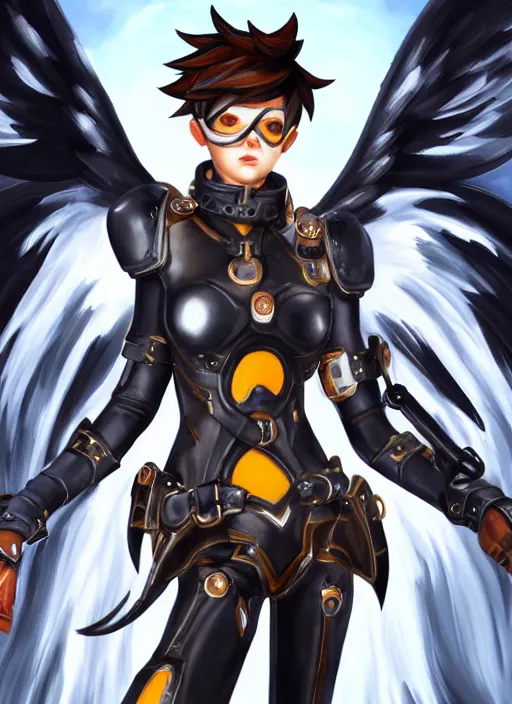 Prompt: full body oil painting of tracer overwatch in style of biblical art, angel wings, dramatic painting, symmetrical composition, wearing detailed leather collar, black shiny armor, chains, black harness, detailed face and eyes,