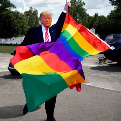 Image similar to donald trump holding up a gay pride flag