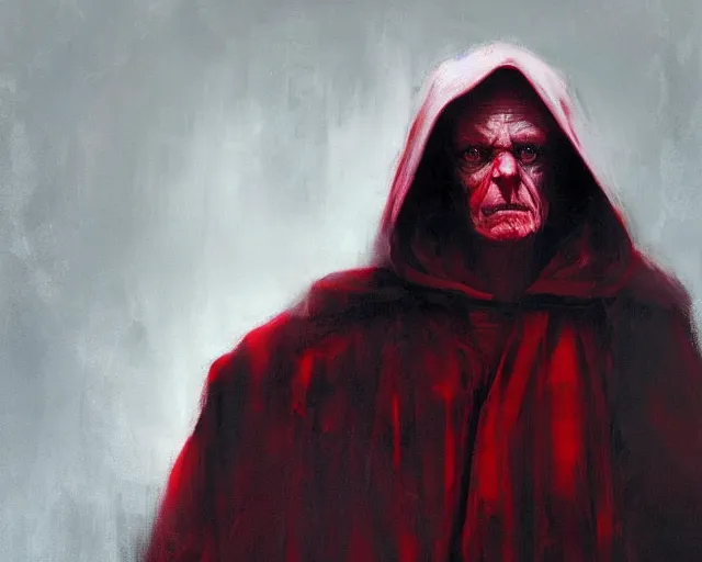 Prompt: portrait of emperor palpatine sidious ian mcdiarmid with a big hood in shades of grey but with red by jeremy mann