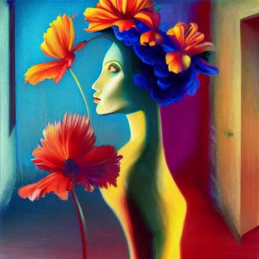 Image similar to huge flower as head, woman standing in a luxury apartment, surreal, dramatic light, impressionist painting, digital painting, artstation, georgia o'keeffe