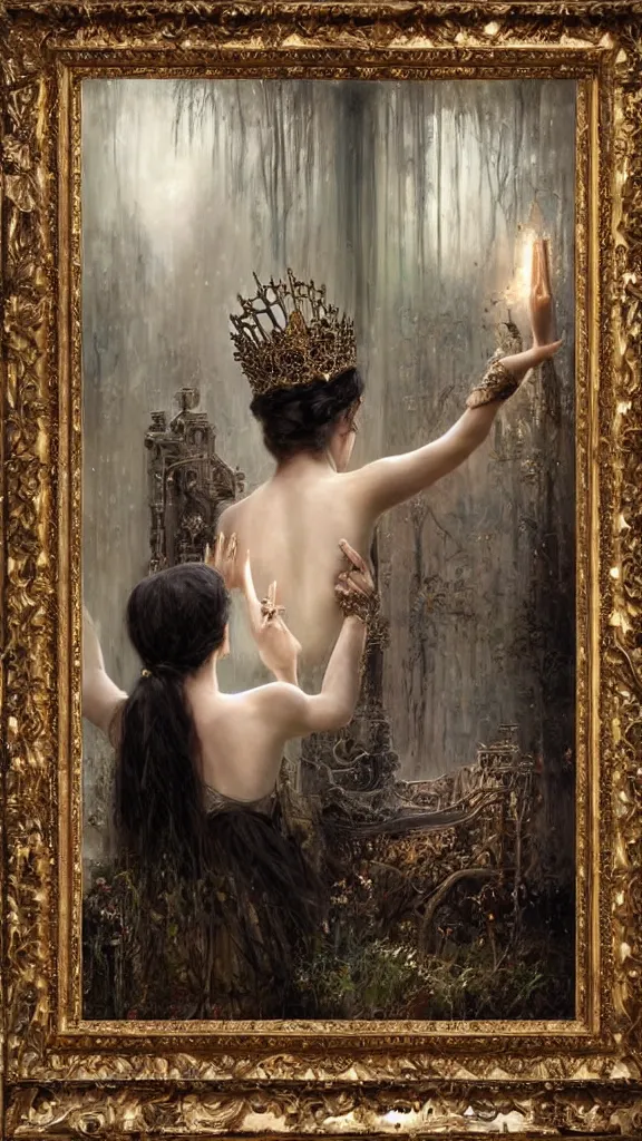 Image similar to secret view from behind wide mirror of a beautiful black haired woman with pale skin and a crown on her head sitted on an intricate metal throne, very deep stillness atmosphere, silence, dimension of still moment, spiritual feeling, digital art, by daniel ridgway knight