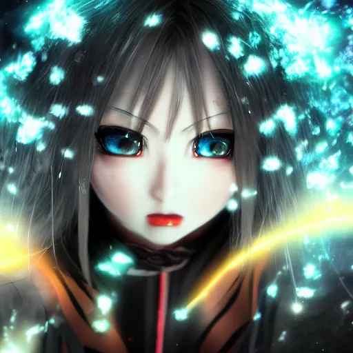 Prompt: photorealistic full body shot of masterpiece angry darkness anime girl, beautifull lovely eyes, posing, electric aura with particles, snowing frozen ice, darkness background, inspired by masami kurumada, detailed, unreal engine 4 k, volumetric light, fog
