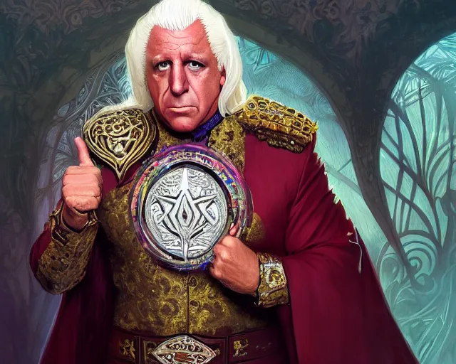 Image similar to photography of ric flair as a king, deep focus, d & d, fantasy, intricate, elegant, highly detailed, digital painting, artstation, concept art, matte, sharp focus, illustration, hearthstone, art by artgerm and greg rutkowski and alphonse mucha