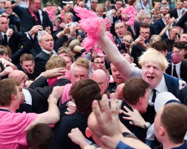 Image similar to boris johnson mosh pit inside a room made out of bubblegum