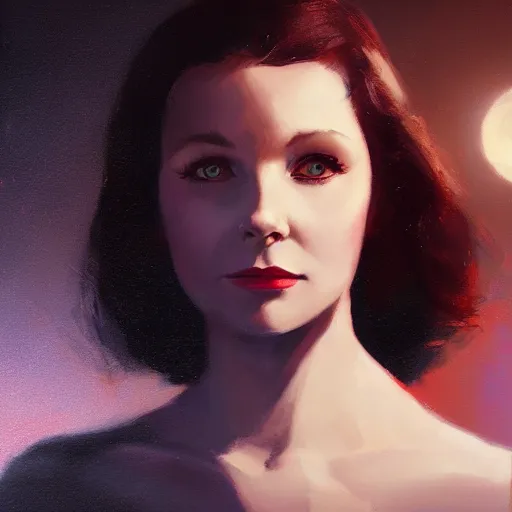 Image similar to closeup portrait of a young vivian leigh, dramatic lighting, city background, night, moon, chiaroscuro, complementary contrast, high detail, painted by greg rutkowski, painted by igor kieryluk, painted by bobby chiu, trending on artstation