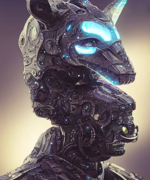 Prompt: an anthropomorphic rhinoceros portrait wearing a part cybernetic body, surrealism , scifi, intricate mecha armor, elegant, highly detailed cybernetic body, neon glowing eyes, digital painting, artstation, concept art, smooth, sharp focus, illustration, art by Artgerm and moebius and Peter Mohrbacher