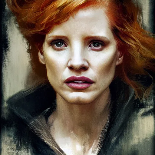 Image similar to jessica chastain, hyperrealistic portrait, bladerunner street, art of elysium by jeremy mann and alphonse mucha, fantasy art, photo realistic, dynamic lighting, artstation, poster, volumetric lighting, very detailed face, 4 k, award winning