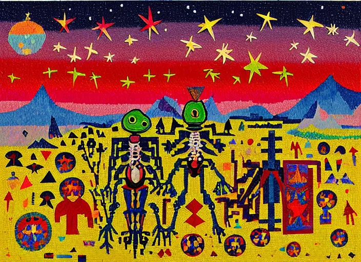 Image similar to pixel decollage painting tarot lovers card composition tower of babel road red armor maggot bear and wonky alien frog skeleton knight on a horse in a dark red cloudy night sky with golden foil jewish stars and diamonds, mountain lake and blossoming field in background, painted by Mark Rothko, Helen Frankenthaler, Danny Fox and Hilma af Klint, pixelated, neo expressionism, semi naive, pastel colors, cinematic, color field painting, cave painting, voxel, pop art look, outsider art, minimalistic. Bill Traylor painting, part by Philip Guston, Amano and Francis Bacon. art by Adrian Ghenie, very coherent symmetrical artwork, cinematic, hyper realism, high detail, octane render, unreal engine, Smooth gradients, depth of field, full body character drawing, extremely detailed, 8k, extreme detail, intricate detail, masterpiece