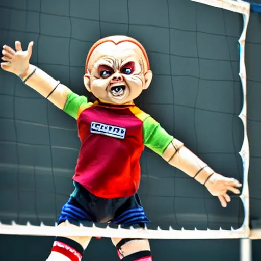 Image similar to screaming chucky doll playing volleyball and wearing tight volleyball shorts