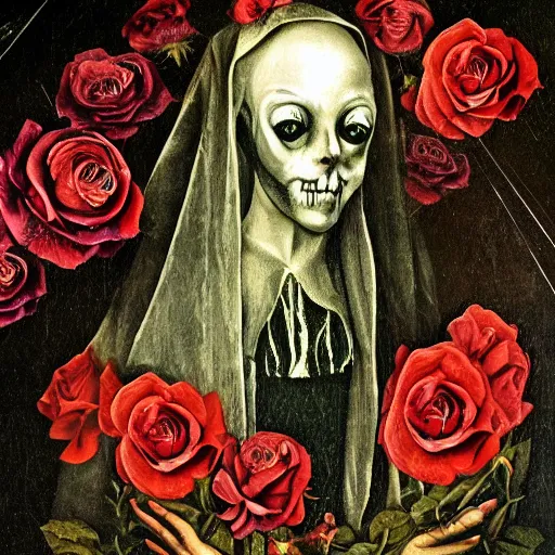 Prompt: semi - realistic weird and scary beautiful metaphysical portrait gothic style in style of hieronymus bosch anne stoke sharp focus 8 k holografic roses