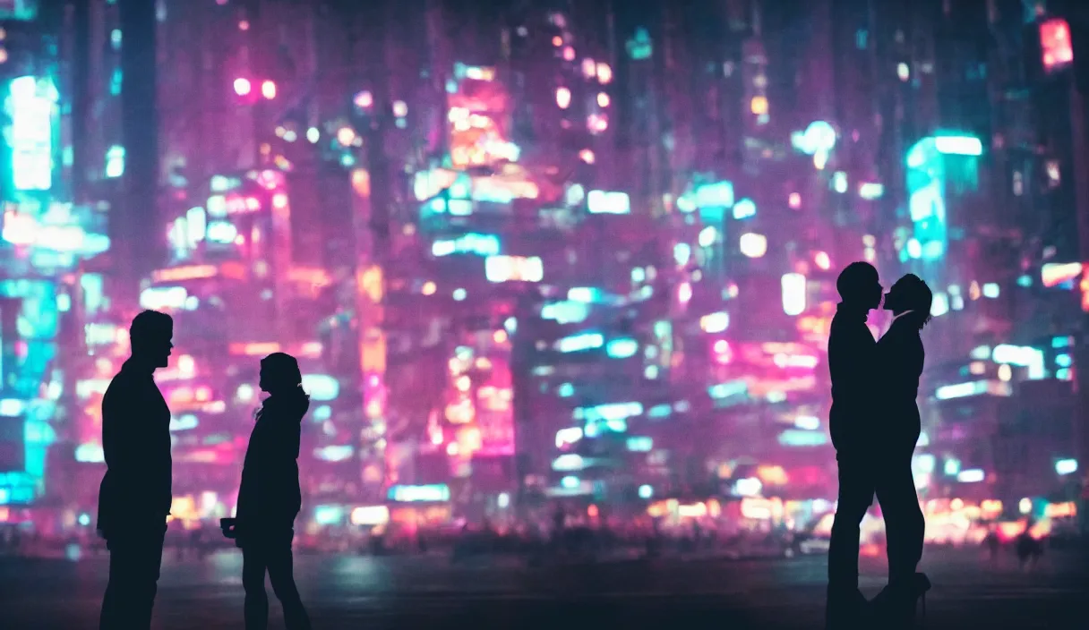 Image similar to two silhouettes kissing in front of a cyberpunk city, neon lights, bokeh, close up, award wining photograph, movie still,