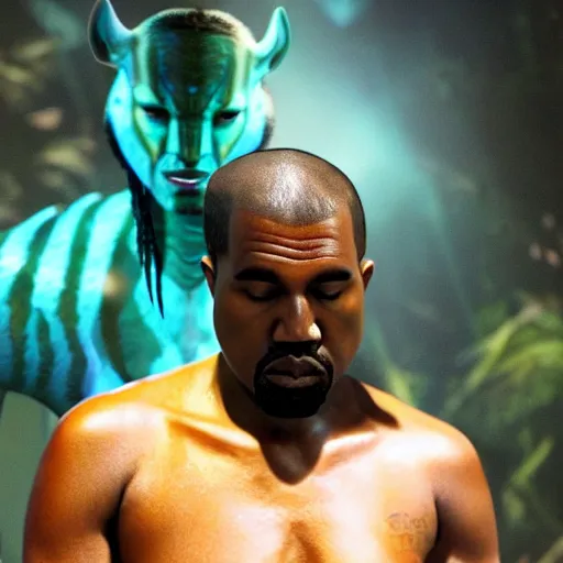 Prompt: kanye west as a na'vi from avatar on pandora, vibrant, realistic,