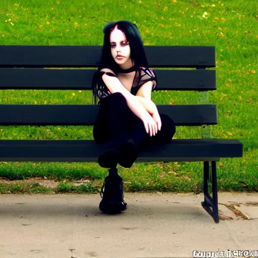 Image similar to emo goth girl sitting on a bench in front of a British house on a hot day, 2006, black hair