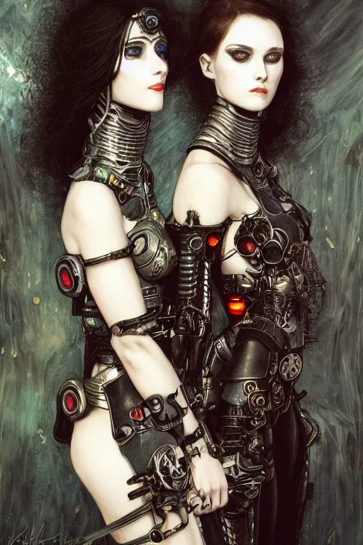 Image similar to portrait of two beautiful young gothic cyborg maidens, cyberpunk, Warhammer, kiss, highly detailed, artstation, illustration, art by Gustav Klimt