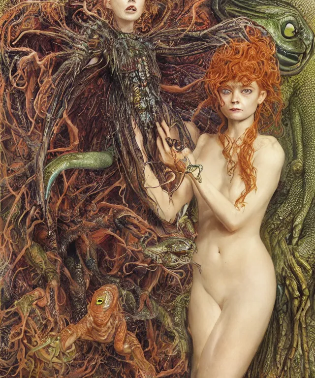 Prompt: portrait photograph of a fierce sadie sink as an alien harpy queen with slimy amphibian skin. she is trying on tight bulbous slimy organic membrane fetish fashion and transforming into a fiery succubus amphibian villian medusa. by donato giancola, walton ford, ernst haeckel, brian froud, hr giger. 8 k, cgsociety