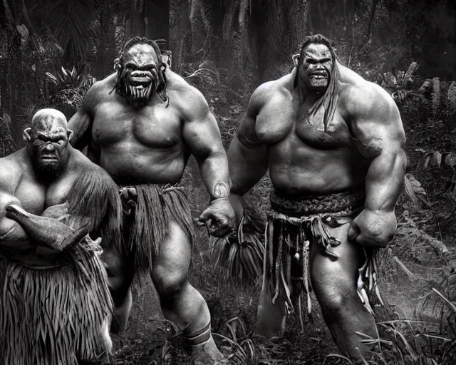 Image similar to hyper realistic group vintage photograph of a live action warcraft orc warrior tribe in the jungle, tall, hulk like physique, detailed faces, tribal paint, tribal armor, grain, old, monochrome, sepia toned, realistic lighting, wide angle