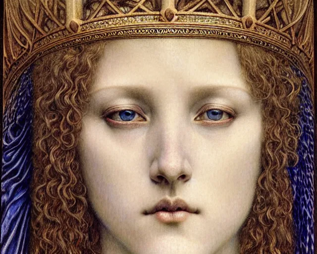 Image similar to detailed realistic beautiful young medieval queen face portrait by jean delville, gustave dore and marco mazzoni, art nouveau, symbolist, visionary, gothic, pre - raphaelite. horizontal symmetry