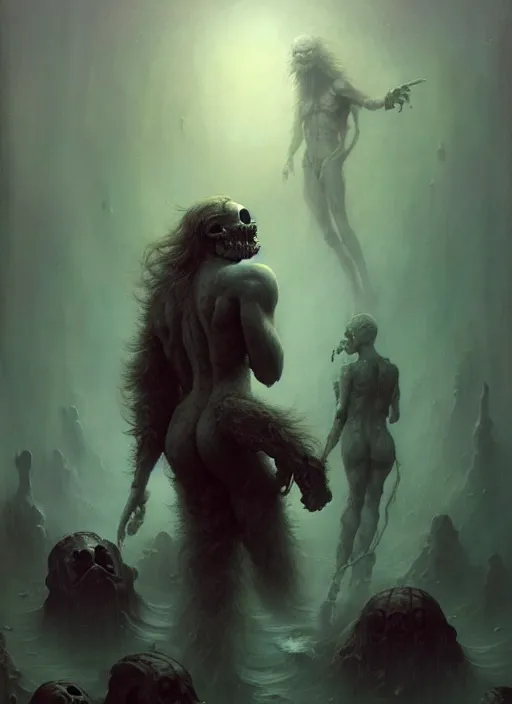 Prompt: shackled in the void of purgatory, frank frank frazetta and cgsociety, stunning sasquatch, charlie bowater and tom bagshaw, insanely detailed, deviantart, space art, atoms surrounded by skulls, death, and spirits deep water, blood splatters, horror, sci - fi, surrealist painting, by peter mohrbacher