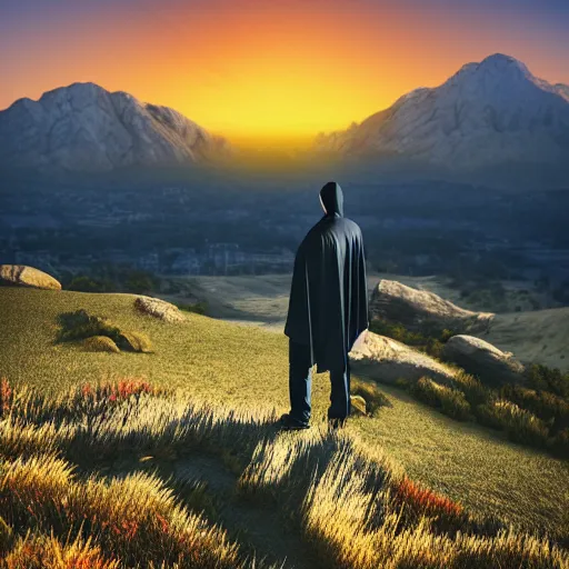 Prompt: man with a black cape on a hill mountains in background sunrise, realistic, detailed