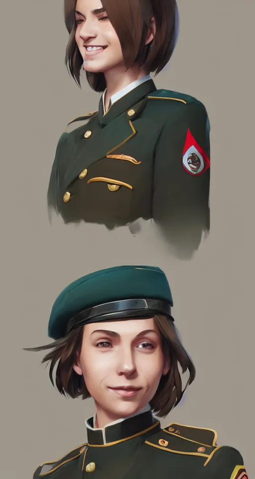 Prompt: portrait of young woman with light brown shoulder length hair and hazel eyes dressed in a sharp dark teal military uniform, smiling, ilya kuvshinov, svetlana tigai, greg rutkowski, loish, artgerm, digital painting, concept art