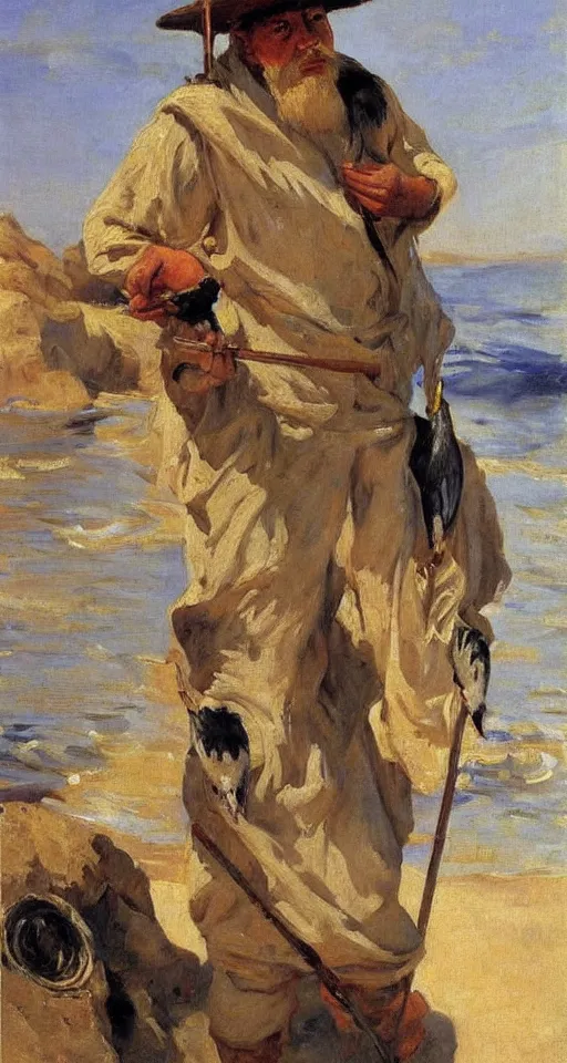 Prompt: orientalist portrait painting of a fisherman with a cormorant on his shoulder, by joaquin sorolla, in romantic style, sfumato, high detail, masterpiece