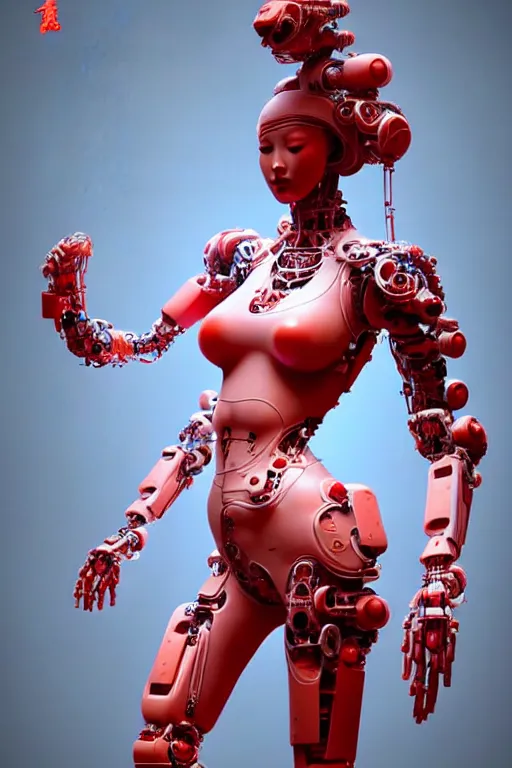 Prompt: a statue made of red marble, of an beautiful chinese girl, full body shot, perfect body, white biomechanical, inflateble shapes, wearing epic bionic cyborg implants, masterpiece, intricate, biopunk futuristic wardrobe, vogue, highly detailed, artstation, concept art, background galaxy, cyberpunk, octane render