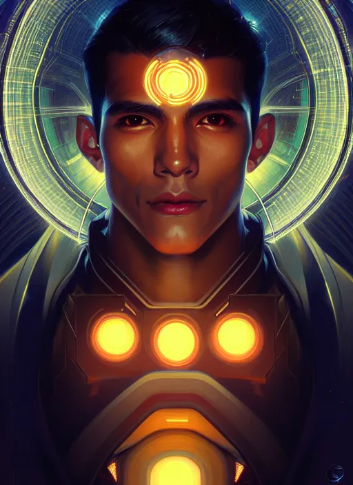 Prompt: symmetry portrait of a handsome young peruvian man, sci - fi, tech wear, glowing lights intricate, elegant, highly detailed, digital painting, artstation, concept art, smooth, sharp focus, illustration, art by artgerm and greg rutkowski and alphonse mucha