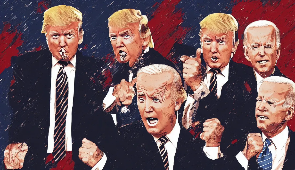 Image similar to a portrait of donald trump and joe biden having a fist fight, art station, digital art