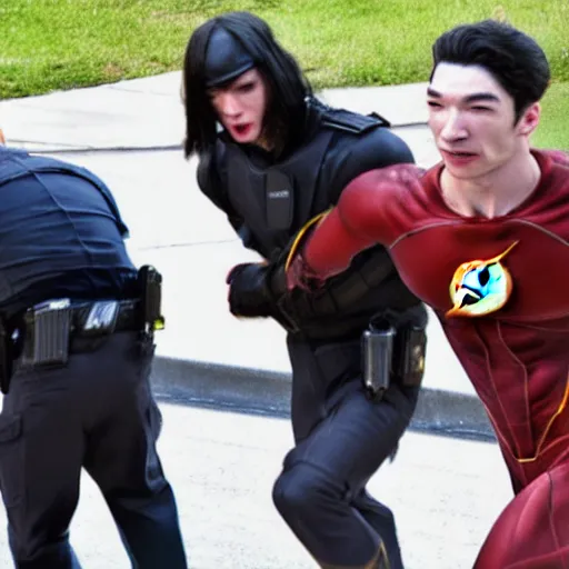 Image similar to ultra realistic photograph of angry Ezra Miller wearing flash costume being arrested by FBI outside Warner Bros Studio, 4K