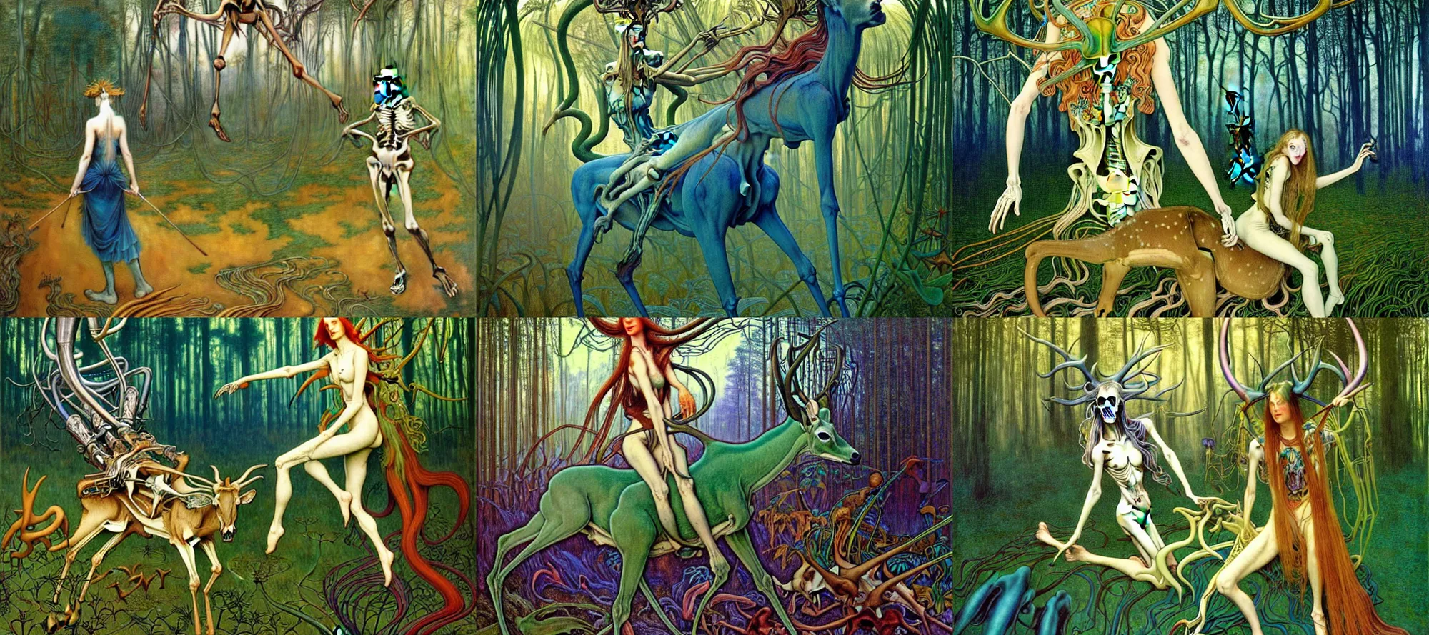 Prompt: realistic extremely detailed portrait of a green haired girl riding a skeleton deer, sci-fi forest in background by Jean Delville, Amano, Yves Tanguy, Alphonse Mucha, Ernst Haeckel, Edward Robert Hughes, Roger Dean, rich moody colours, blue eyes