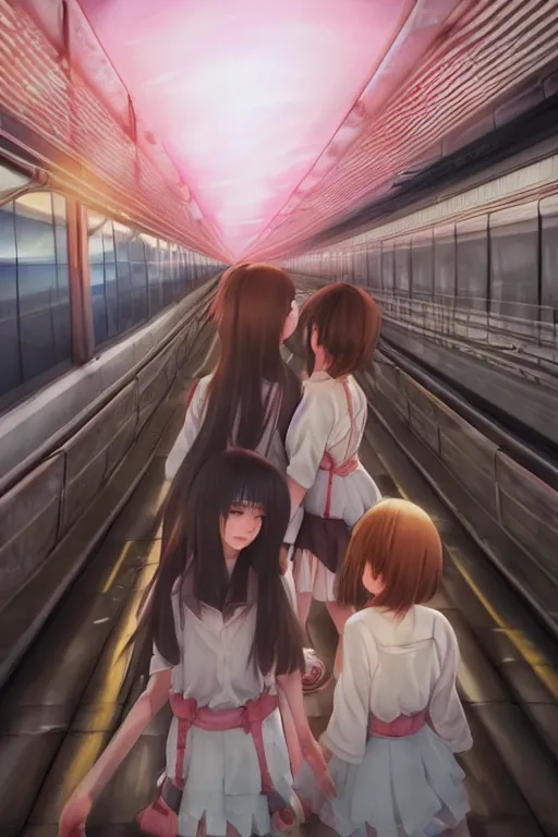 Prompt: Ultra realistic 3d illustration, cute 3d anime schoolgirls hugging each other on huge japanese elevated subway at dark infrared sunset. fantasy, elegant, dramatic light, trending on artstation, smooth, sharp focus, illustration, art by hiro kiyohara and hayao miyazaki oil painting