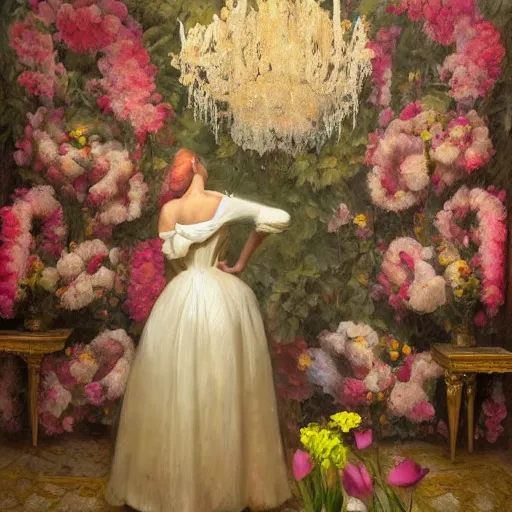 Image similar to a woman standing in a room with flowers in a vase, a photorealistic painting by elizabeth polunin, trending on cgsociety, art photography, national geographic photo, hall of mirrors, rococo