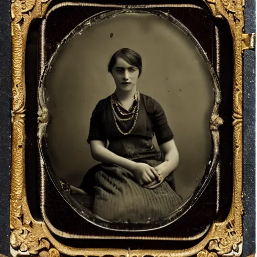 Image similar to Tintype photograph of Saoirse Ronan as a Irish ethnographic subject. 1920s studio lighting.