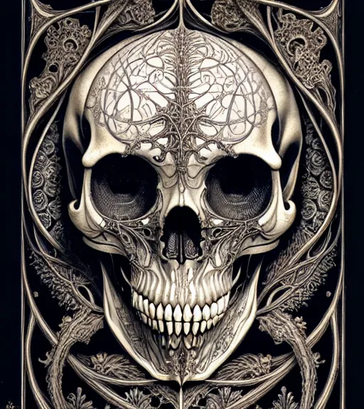 Image similar to art forms of nature by ernst haeckel, memento mori by arthur rackham, ornate antique porcelain beautiful skull mask, ultrasharp, photorealistic, hyperdetailed, octane render, polished, art nouveau, neo - gothic, gothic, intricate ornamental organic filigree, art nouveau botanicals, art forms of nature by ernst haeckel, horizontal symmetry, symbolist, visionary