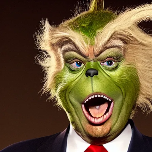 Prompt: donald trump as the grinch, studio still, makeup by rick baker, 8 k
