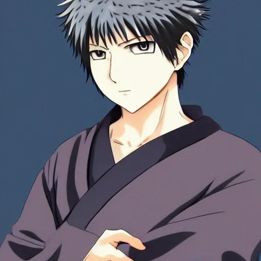 Prompt: a cold handsome young man，Black short hair like a hedgehog, blue eyes, Toushirou Hijikata of Gintama is wearing a kimono,Doujin,Popular on Pixiv