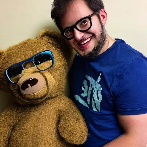 Prompt: A cute bear couple, one wearing glasses, fluffy