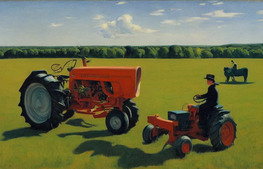 Image similar to a golden retriever driving a tractor, american realism style, edward hopper, george bellows, bo bartlett, jamie wyeth