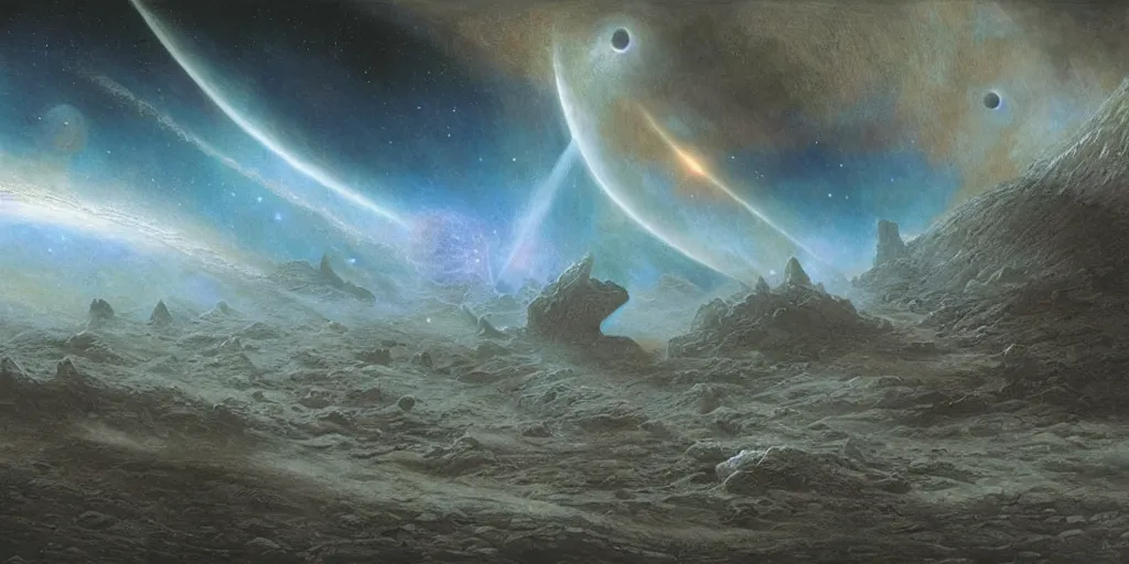 Image similar to Artwork by John Howe of the cinematic view of the Slow wave of the Astro-Asteroid System by John Howe.