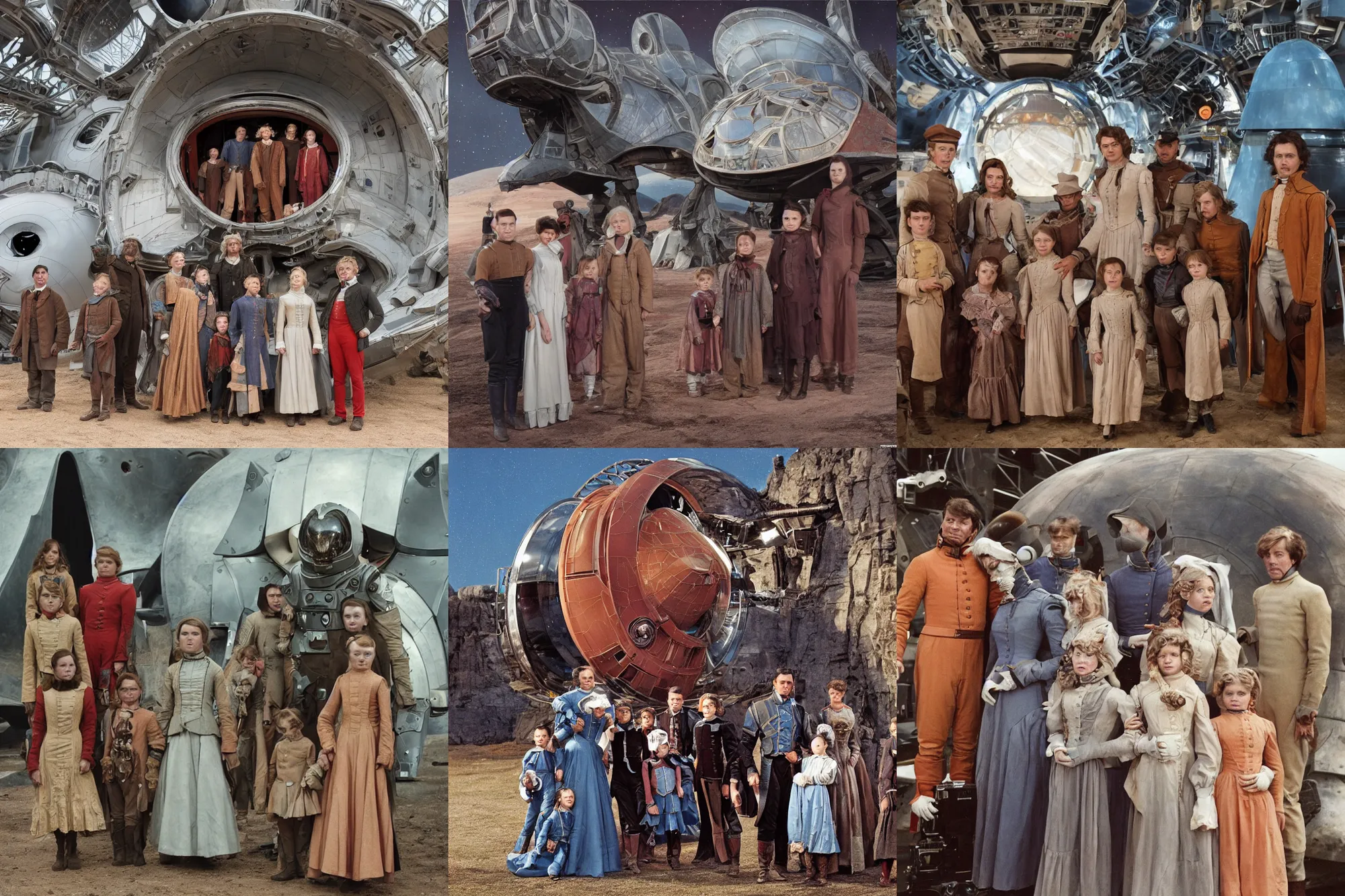 Prompt: highly detailed, 813435456k film, 806400mm film still from a sci fi blockbuster color movie made in 2019, set in 1860, of a family standing in front of a spaceship that has just landed on an alien planet, the family are all wearing 1860s era clothes, good lighting, good photography, ultra high definition
