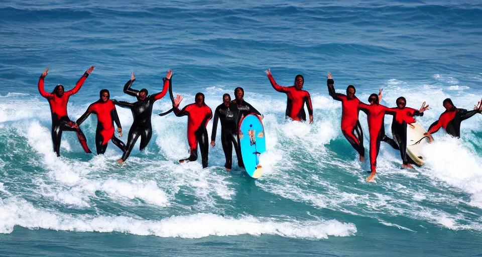 Prompt: devil worshippers in robes belonging to the cult of the ocean surfing in waves, standing on surfboards, surfing inside one large barreled wave, high detailed colors, blue