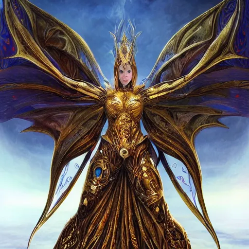 Image similar to a beautiful symmetrical muscular full body wearing a dragon armor with wings made of golden ornaments and gems, by alex gray and android jones , Karol Bak, Ayami Kojima, Amano , concept art, character design, fantasy,3D, 8k resolution