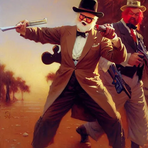 Image similar to colonel sanders with katana fighting donald mcdonald with gun, highly detailed painting by gaston bussiere, craig mullins, j. c. leyendecker, 8 k