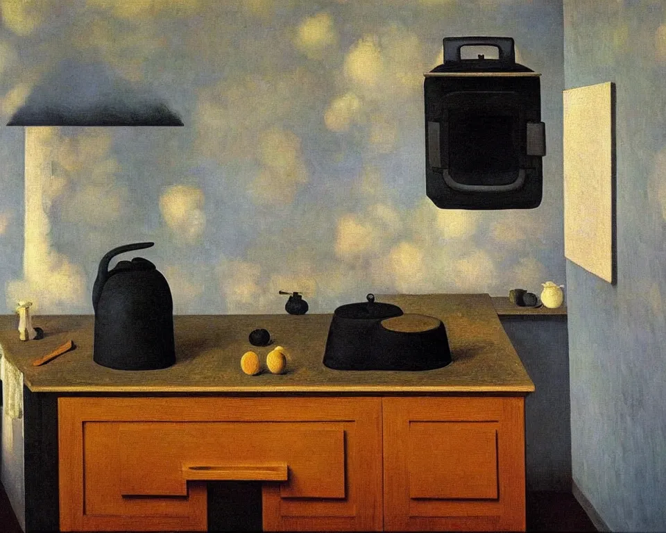 Image similar to achingly beautiful painting of a sophisticated, well - decorated kitchen stove by rene magritte, monet, and turner. whimsical.