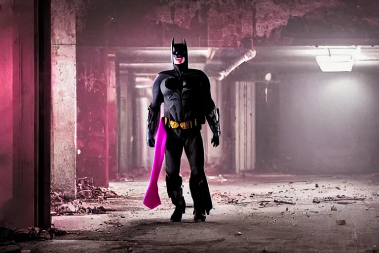 Image similar to michael keaton batman wearing pink apron wielding an axe, chasing through old brown decrepit hallway, creepy smile, atmospheric eerie lighting, dim lighting, bodycam footage, motion blur, photograph